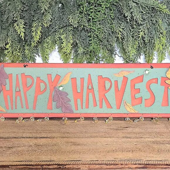 Primitive Happy Harvest Beaded Jewel Wall Hanging Fall Sign Farmhouse Decor - Picture 1 of 8